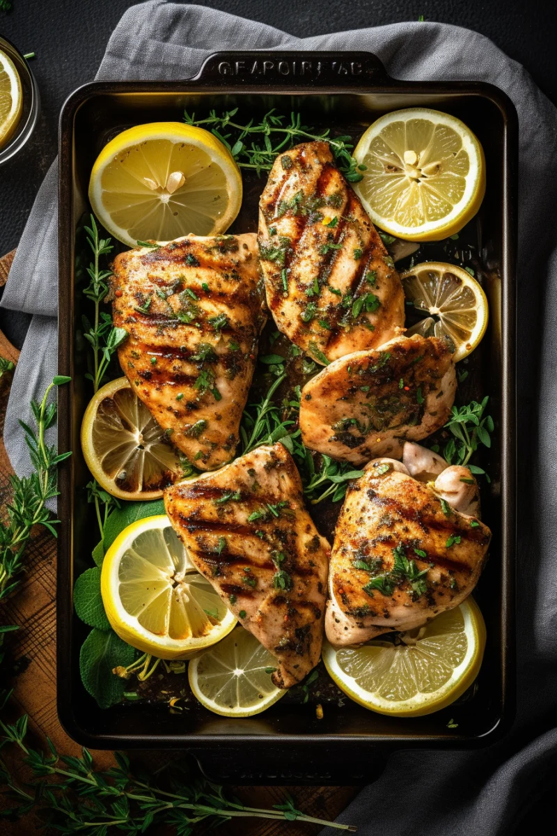 Grilled Lemon Herb Chicken Breasts on a Rustic Tray