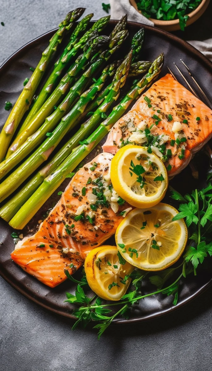 Grilled Salmon and Asparagus with Lemon Garnish