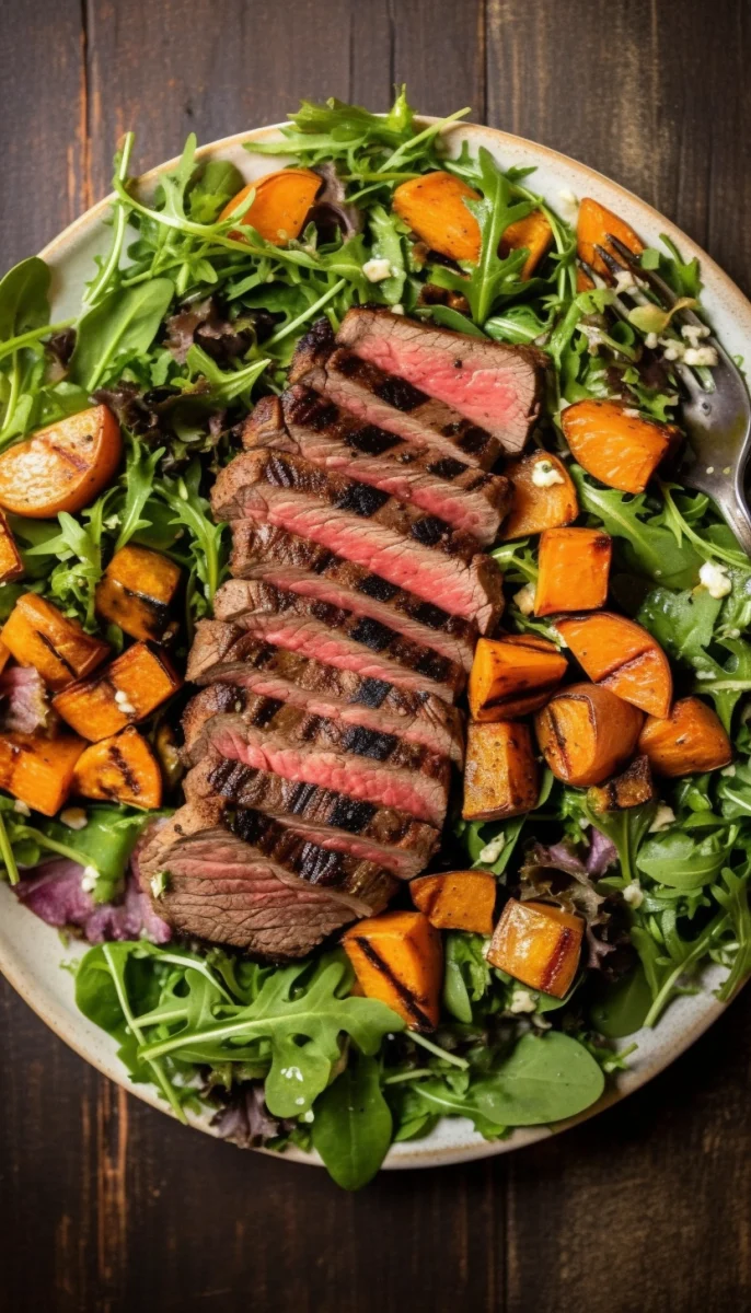 Grilled Steak Salad with Sweet Potatoes and Greens