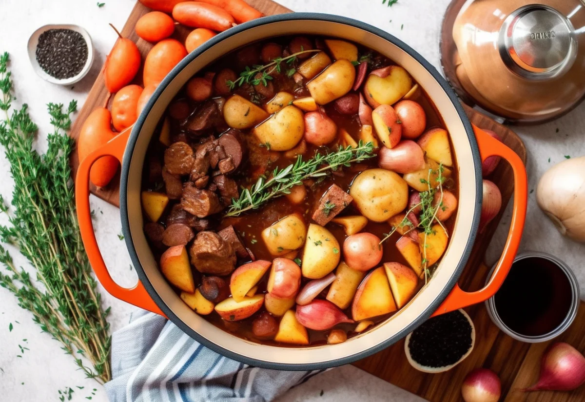 Hearty Vegetable and Meat Stew in a Dutch Oven